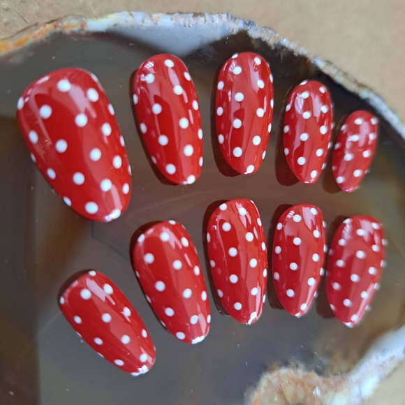Red and White Polka Dot Press On Nails, Hand Painted Apres Minnie Disney Vibe - Picture 2 of 6